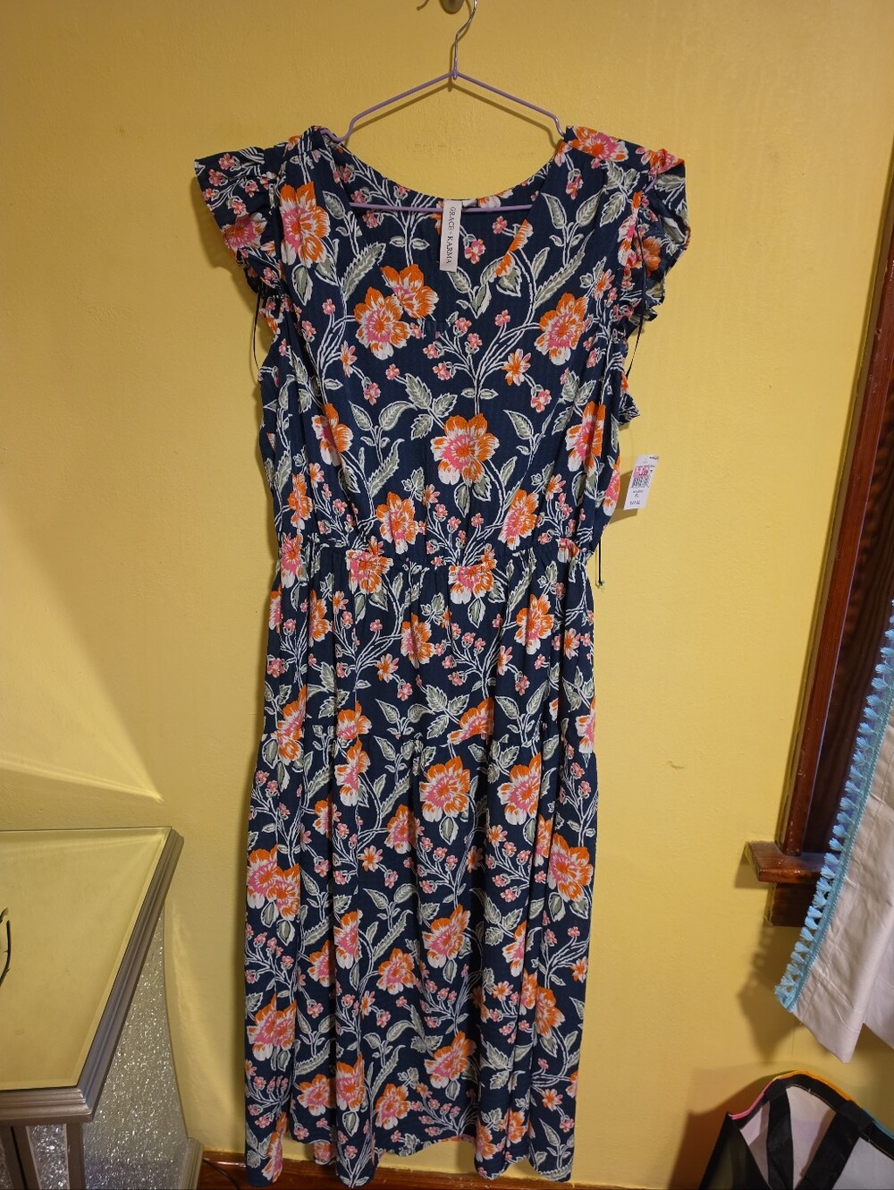 NWT Grace + Karma Women's Size XL Tiered Maxi Dress Navy Floral Ruffle Sleeves